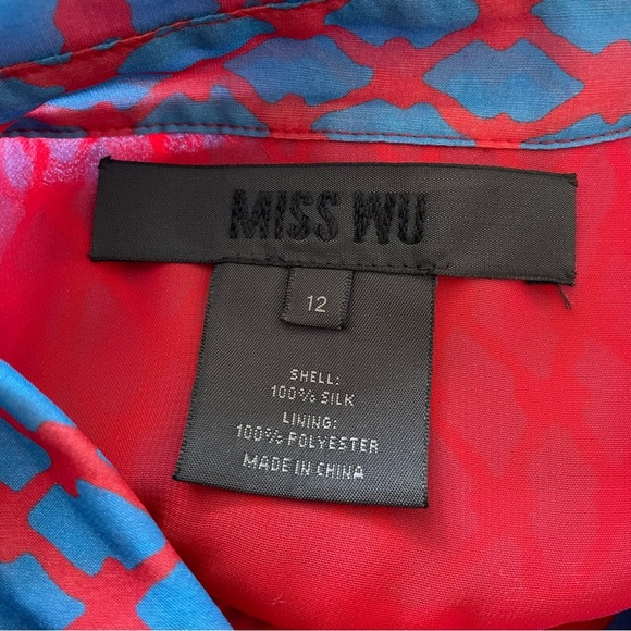 Jason Wu Miss Wu Blue Red Multi Silk Sheer Panel Long Sleeve Button Down Top 12 - Picture 7 of 9